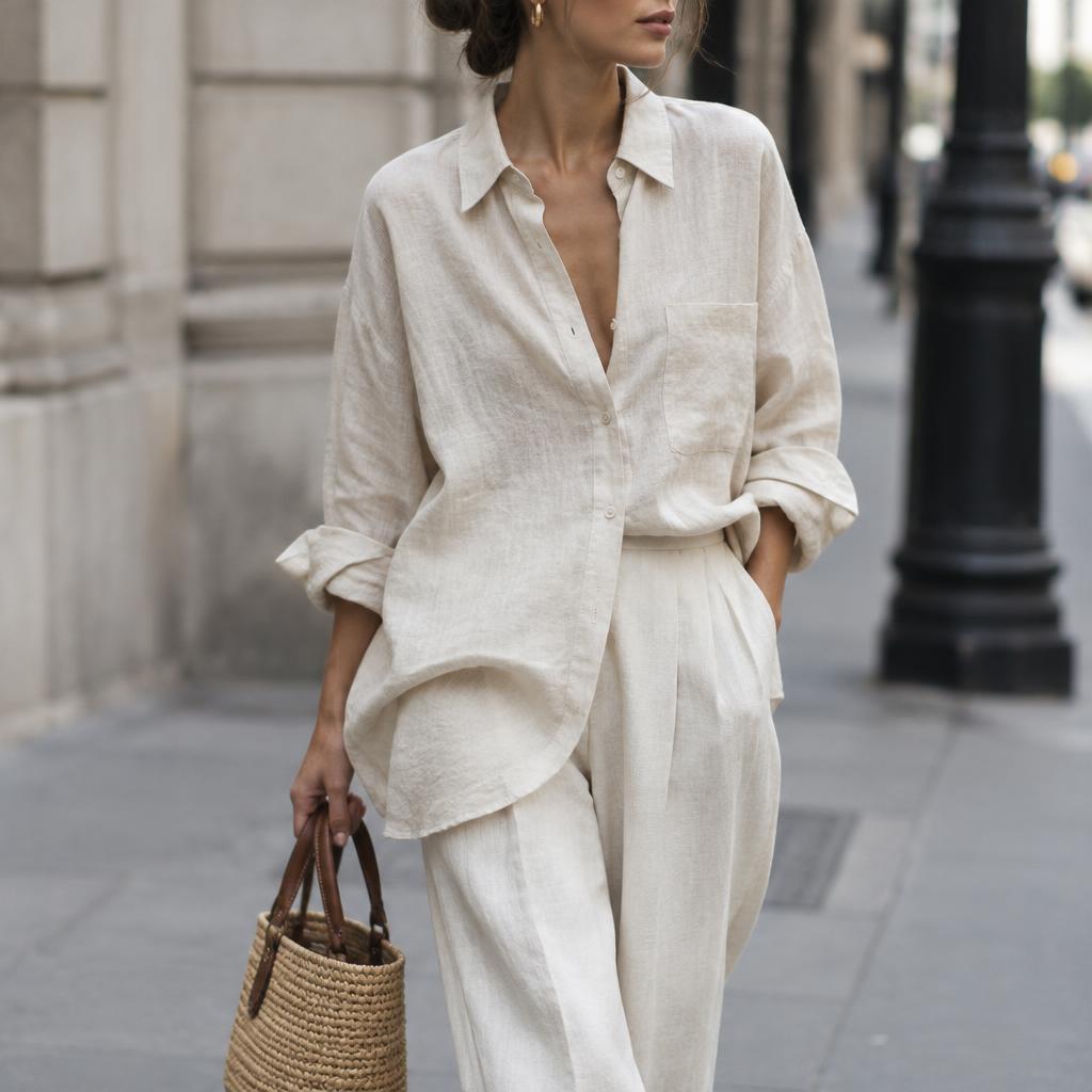 Laylo linen dress with gold handbag